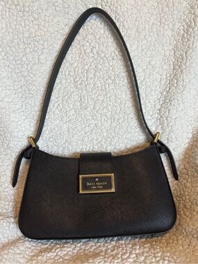 kate spade Black Leather Shoulder Bag with Gold Plaque